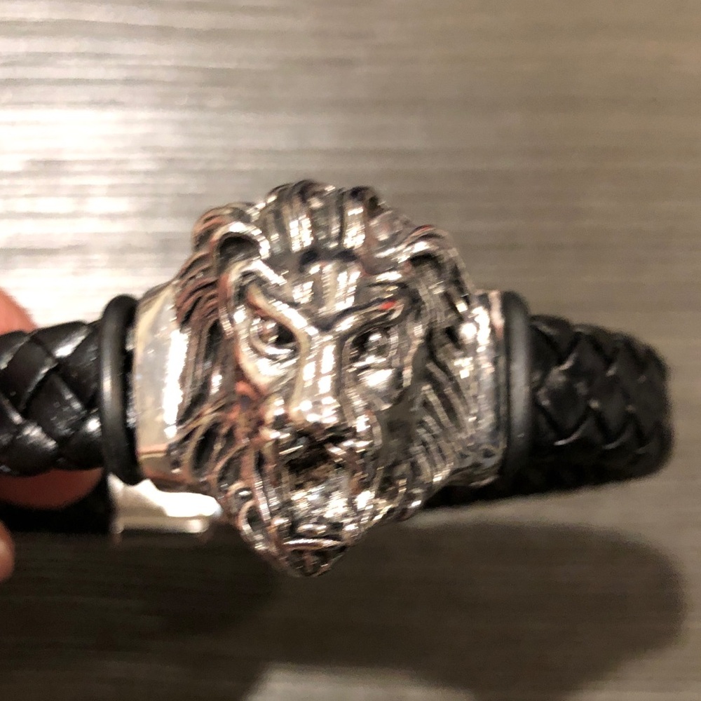 Men’s Silver Lion Head Black Braided Bracelet